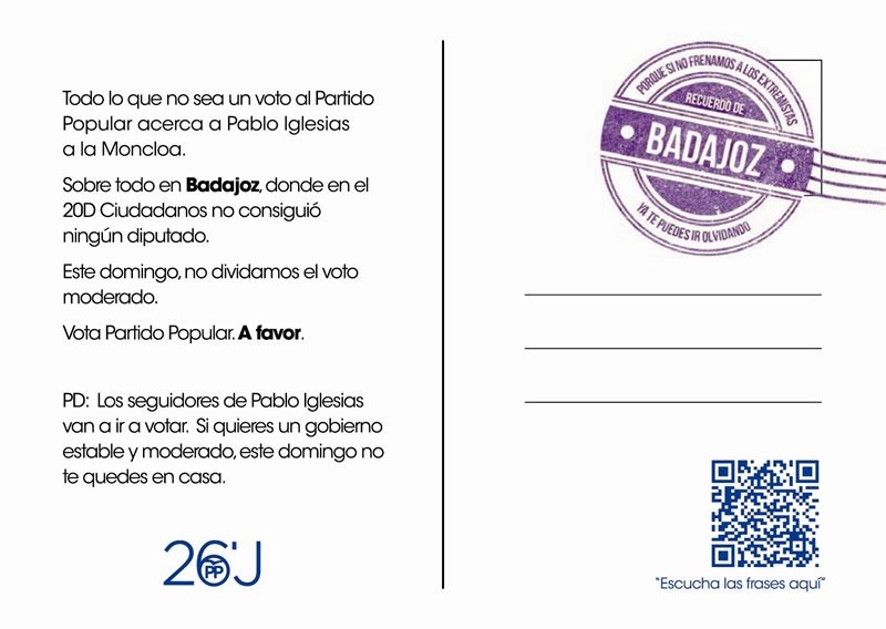 El PP distribuye postales en la provincia de Badajoz en las que anima a ''no dividir el voto moderado''