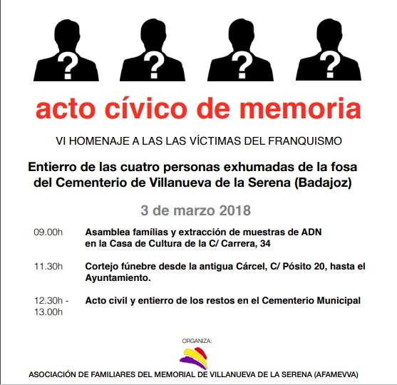 Los restos de cuatro víctimas del franquismo exhumados en 2016 serán enterrados en marzo en Villanueva de la Serena