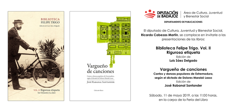 La Diputación presenta el segundo volumen de la Biblioteca Felipe Trigo en la Feria del Libro de Badajoz