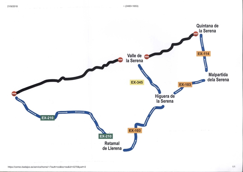 Ampliación del plazo de corte de tráfico en la Carretera Provincial BA-113, de Quintana de la Serena a EX-210 por Valle de la Serena