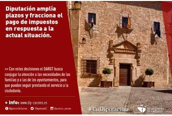 La Diputación de Cáceres amplía plazos y fracciona el pago de impuestos en respuesta a la situación excepcional que se vive