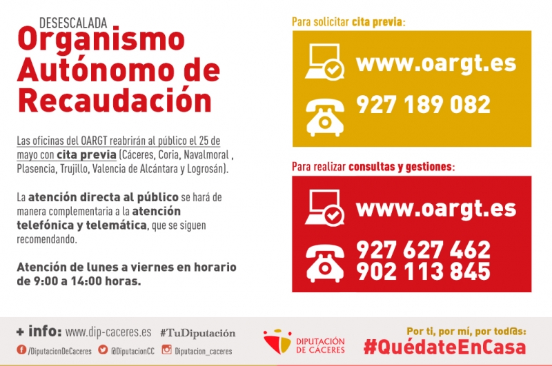 A partir de este lunes ya se puede solicitar cita para las oficinas del OARGT que reabrirán al público el 25 de mayo