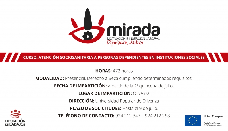 La Diputación de Badajoz iniciará un curso de atención sociosanitaria a personas dependientes en instituciones sociales de Olivenza