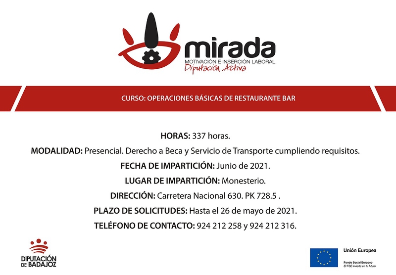 La Diputación de Badajoz iniciará una acción formativa de ''Operaciones básicas de restaurante-bar'' en Monesterio