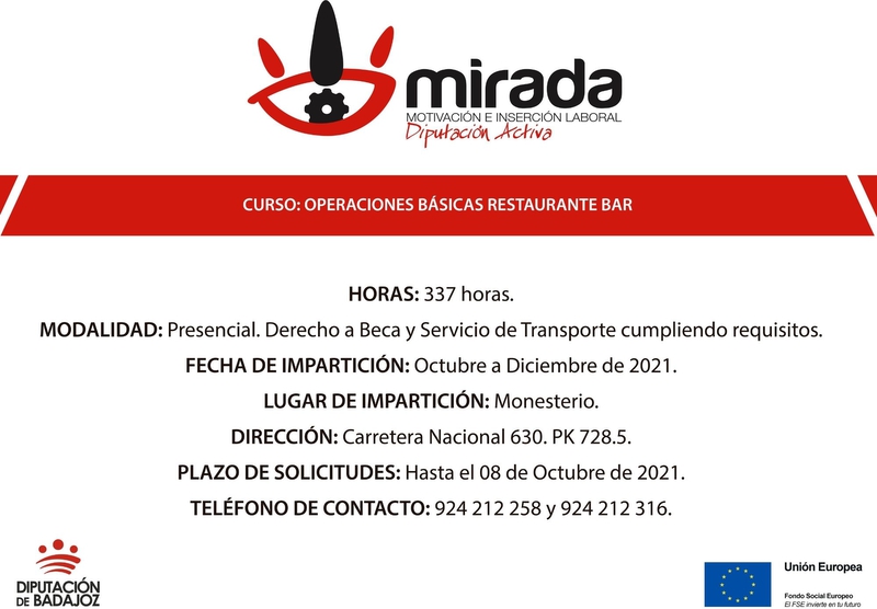 Ampliado el plazo de solicitudes para la acción formativa de Operaciones básicas de Restaurante-Bar