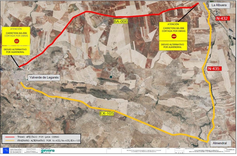 Corte de tráfico en la Carretera Provincial BA-006, de La Albuera a Valverde de Leganés