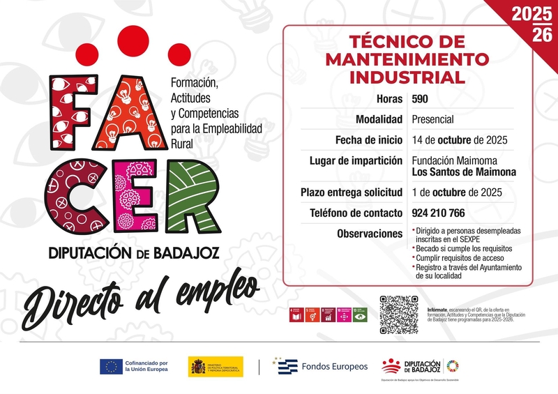 Abierto el plazo de inscripción de un curso de Técnico de Mantenimiento Industrial en Los Santos de Maimona