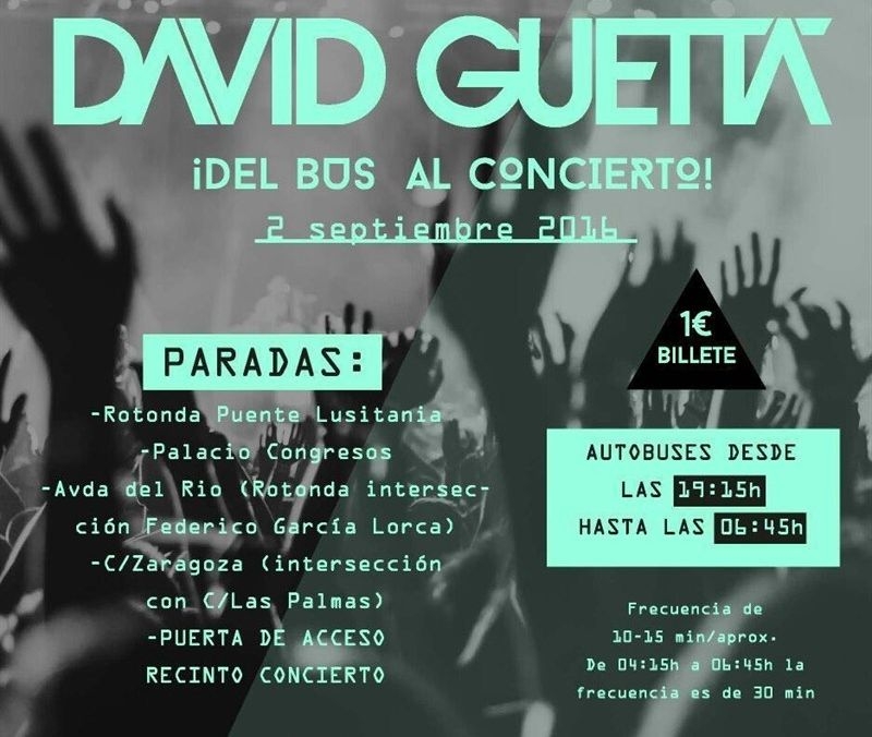 autobuses cada 10 minutos para los asistentes al concierto de David Guetta en Mérida