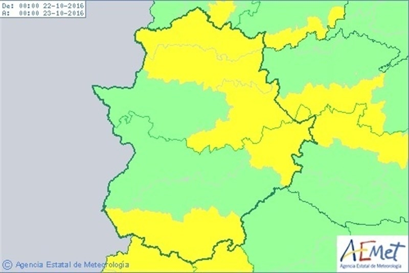 La Siberia y la zona sur de Badajoz, y gran parte de la provincia de Cáceres, en alerta este sábado por lluvias