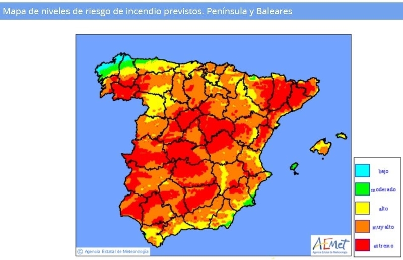 Las elevadas temperaturas provocan que mañana el riesgo 'muy alto' de incendio se dispare a casi toda España